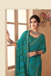 India Silk Teal Green Chiffon Saree Features A Beautifully Attached Banarasi Border Combining The Softness And Flow Of Chiffon
